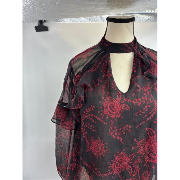 Express Women's Black Red Floral Sheer Ruffle Choker Top XS - Picture 2 of 6